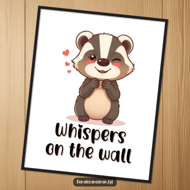 Funny poster of a giggling badger whispering secrets, adding a humorous and mischievous touch to wall art.