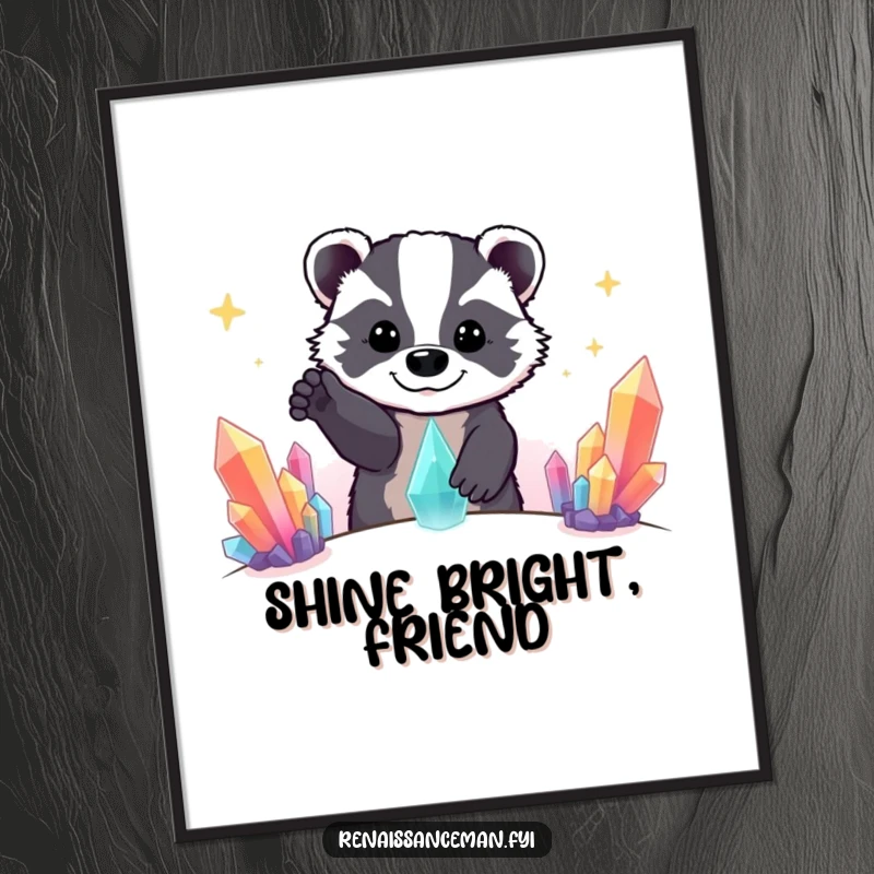 Funny Beaming Badger Reaching for a Distant Colorful Crystal Formation, Humorous Wall Art Poster.