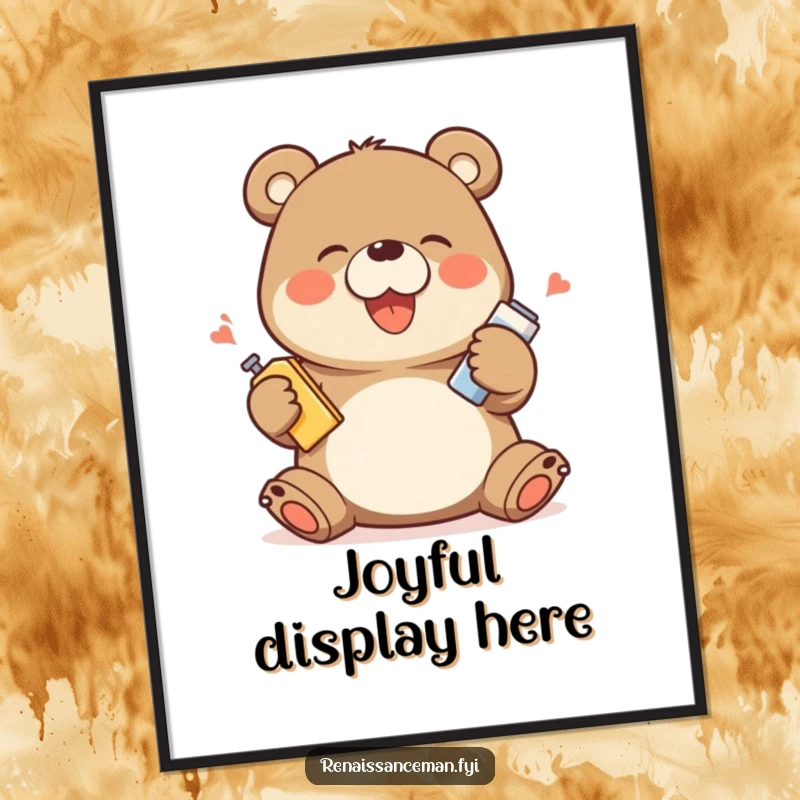 Funny poster showcasing a giggling bear character performing an over-the-top product demonstration with exaggerated, happy movements and infectious glee.