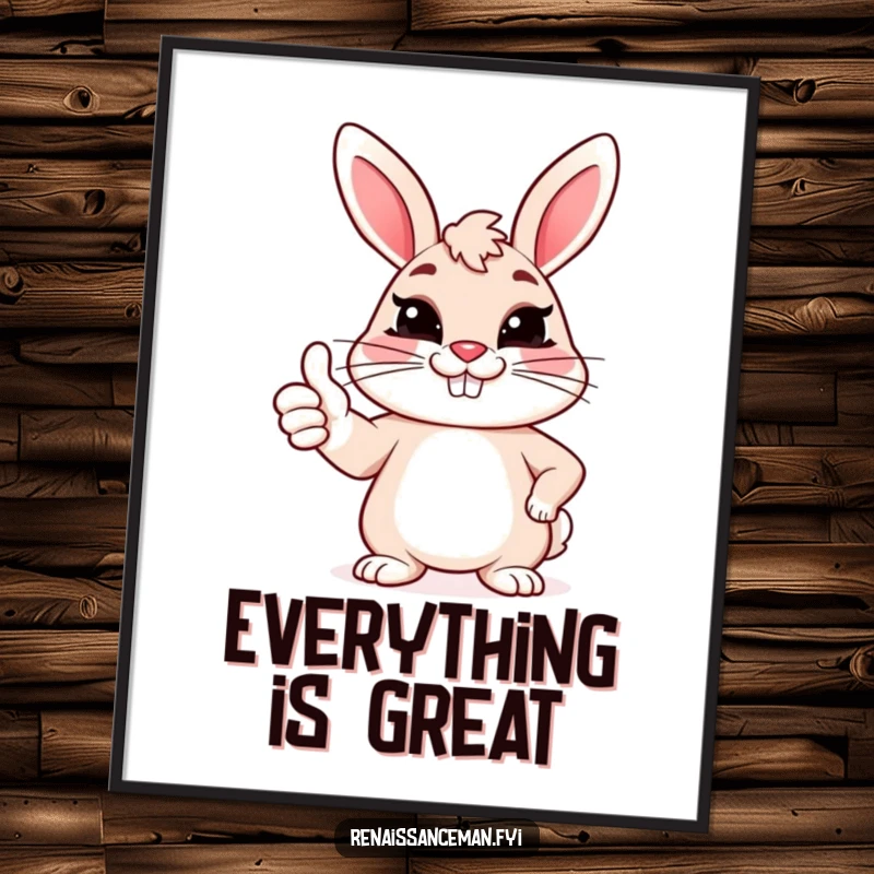 Funny poster art of a cheerful bunny giving a sarcastic thumbs up with a forced grin, conveying wry humor.