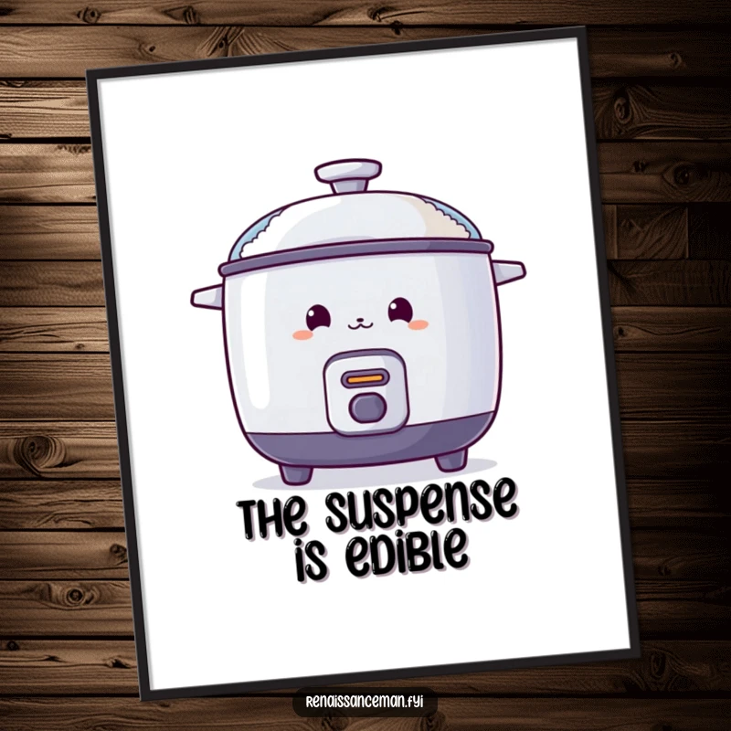 Funny poster depicting a curious rice cooker peeking from behind a steaming lid, inviting viewers to discover the deliciousness.
