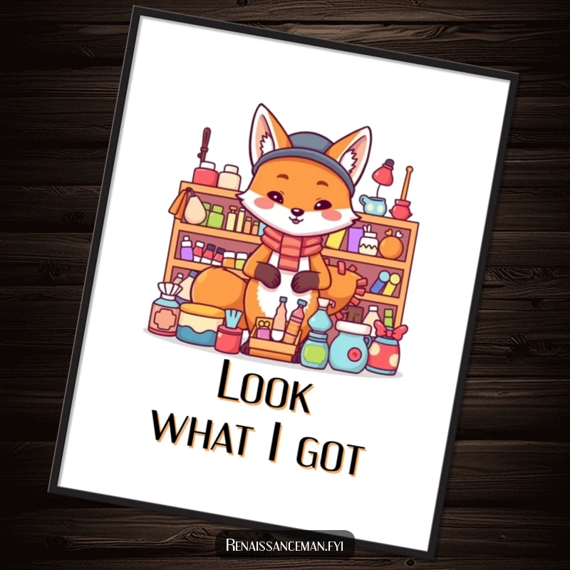 Funny fox merchant poster art. A proud fox stands confidently behind a large display of various items, looking smug.