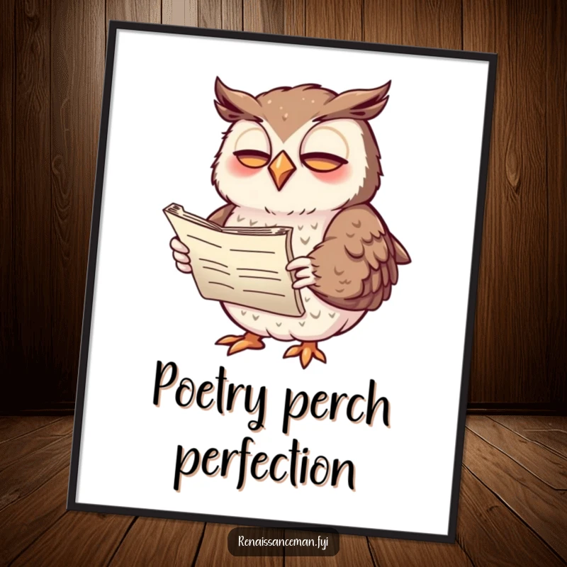 Funny poster of a giggling owl reciting poetry from a scroll with animated wing gestures, adding literary humor to decor.