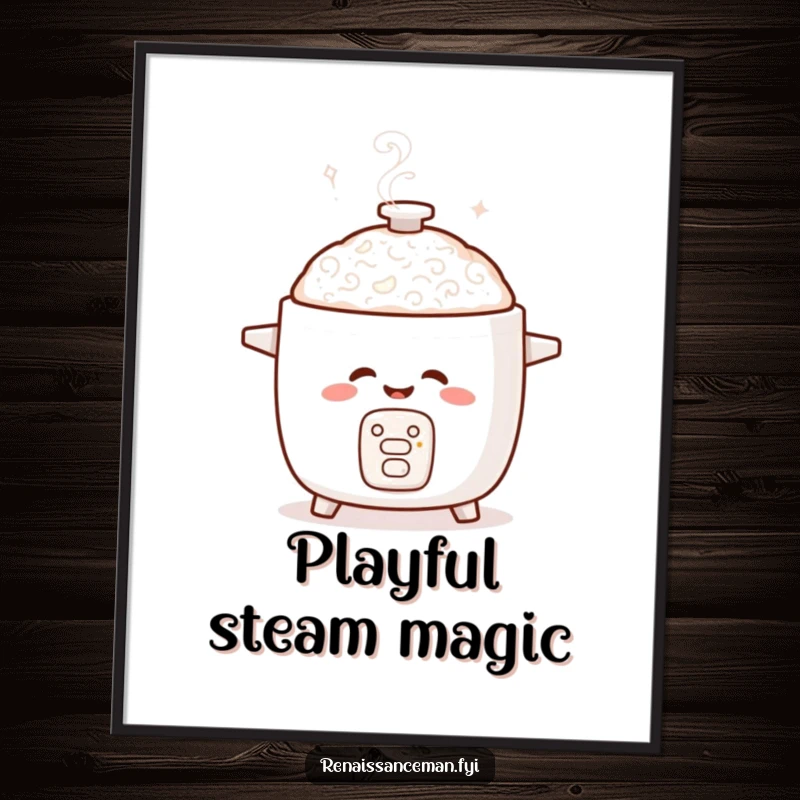 Funny poster depicting a giggling rice cooker with steam forming a playful swirl pattern, ideal for humorous wall decor.