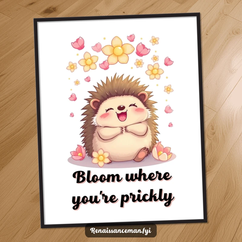 Funny hedgehog embracing under a shower of glowing petals, a heartwarming poster symbolizing pure joy, love, and natural beauty.