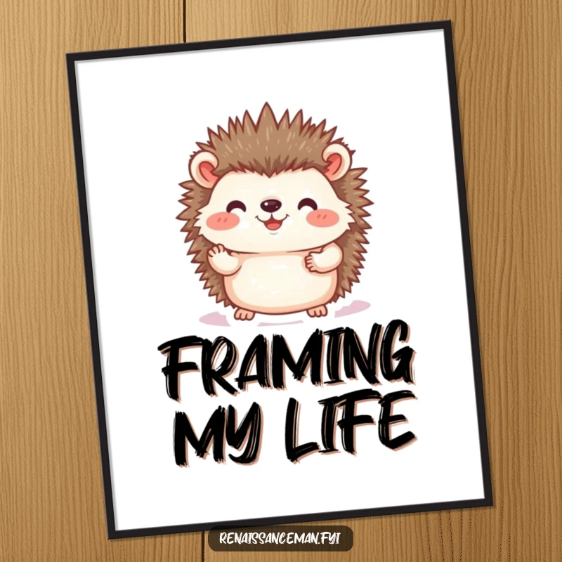 Funny hedgehog photo poster, artwork of a joyful hedgehog gently placing a photographic print, ideal for nostalgic decor and a sweetly humorous gift.
