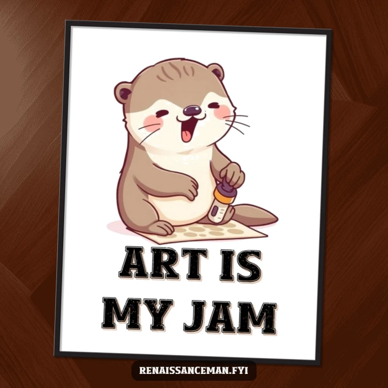 Funny otter stamping poster, vibrant artwork of an otter with gusto, ideal for home decor and a humorous, inspiring gift for art lovers.