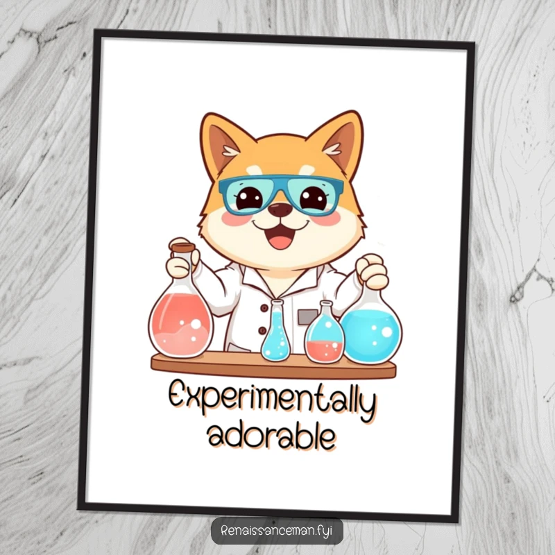Funny poster of a beaming Shiba Inu conducting a science experiment with bubbling flasks, adding playful scientific decor.