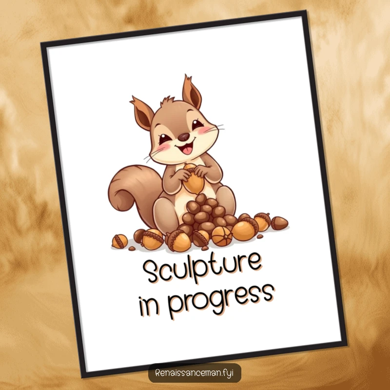 Funny squirrel poster, artistically sculpting acorns into a tiny sculpture, radiating joy and concentration, nature-themed wall art for creative spaces.