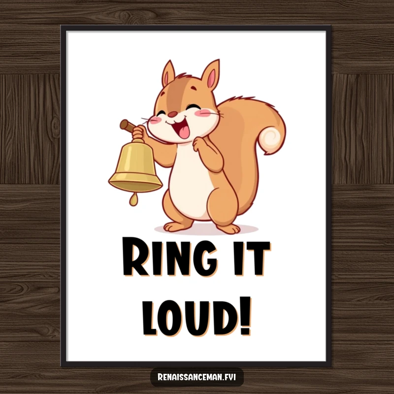 Funny poster of a playful squirrel enthusiastically ringing a large bell with utter delight, spreading cheer.