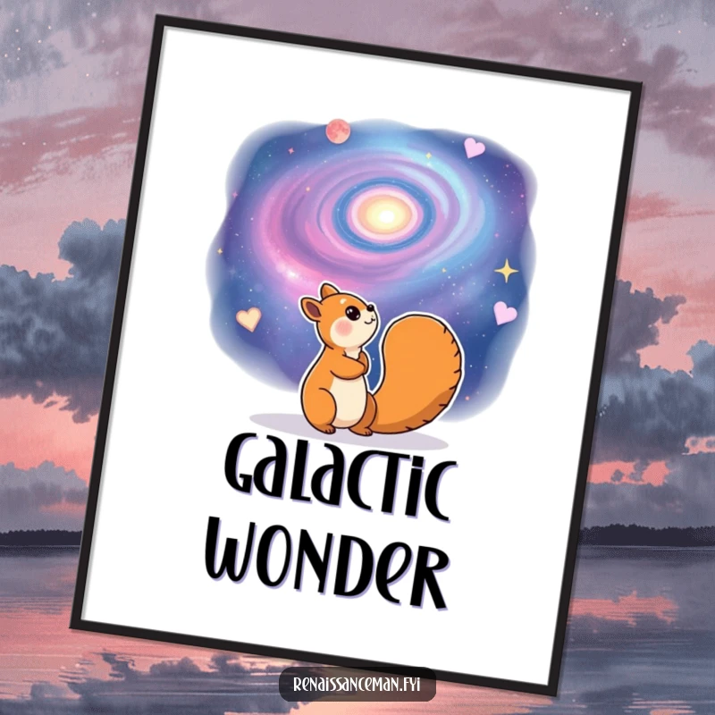 Funny poster art of a cheerful squirrel character gazing dreamily at a swirling galaxy. Whimsical and cosmic decor.