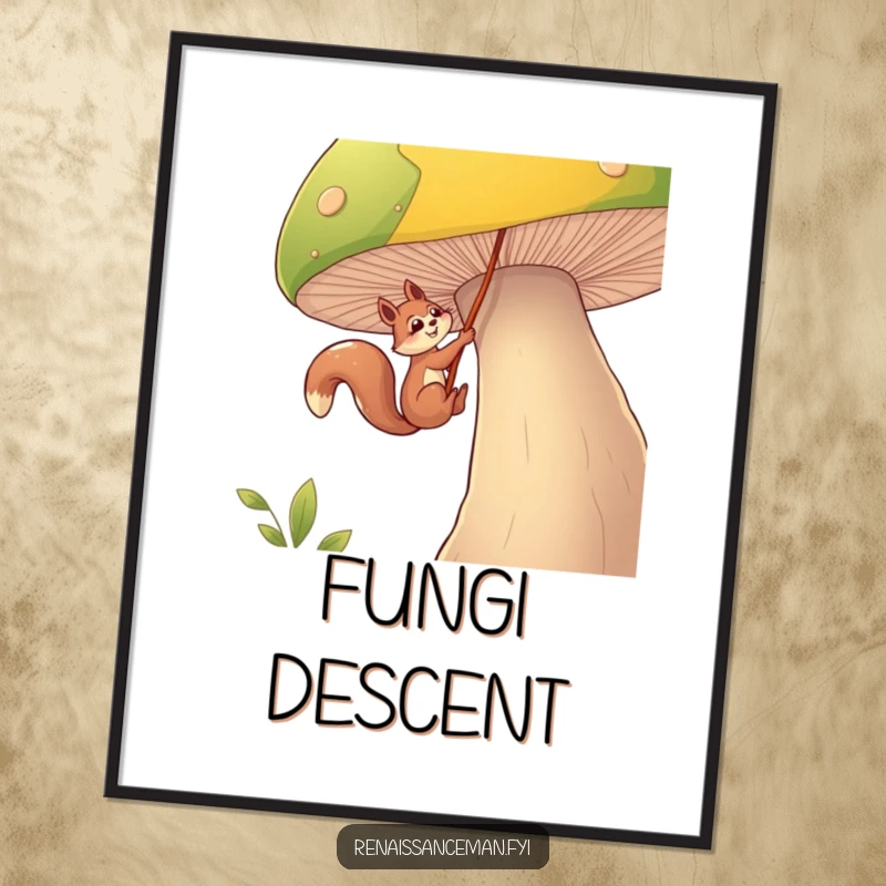 Funny squirrel poster, a determined squirrel character rappels down a giant mushroom with a rope, conveying a sense of thrilling exploration.