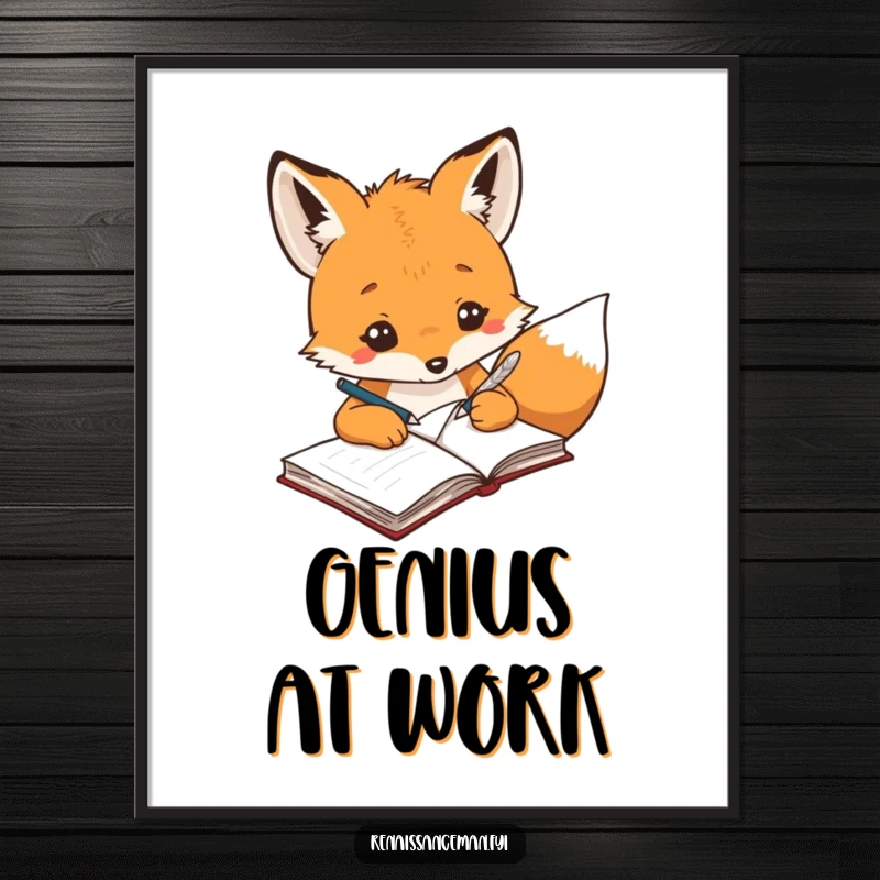 Funny creative fox with a quill pen, writing ideas in a notebook, presented as charming wall art.