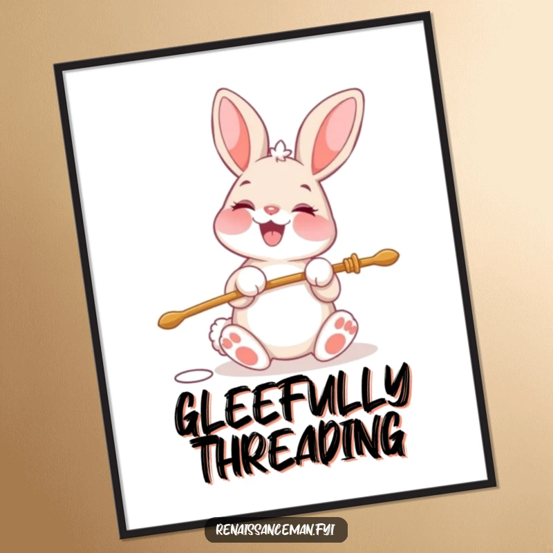 Funny poster of a cheerful bunny character beaming with glee while threading a large needle with precision.