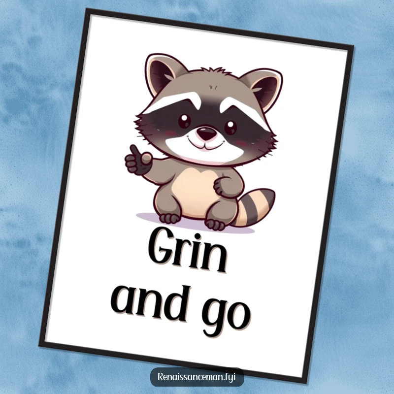 Funny raccoon poster featuring a determined raccoon attempting a selfie with a tiny, hopeful grin, ready to adorn your walls.
