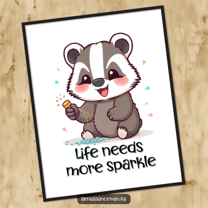 Funny badger glitter poster, showcasing a happy badger applying glitter with enthusiasm, perfect for adding sparkle and humor to home decor, excellent gift.