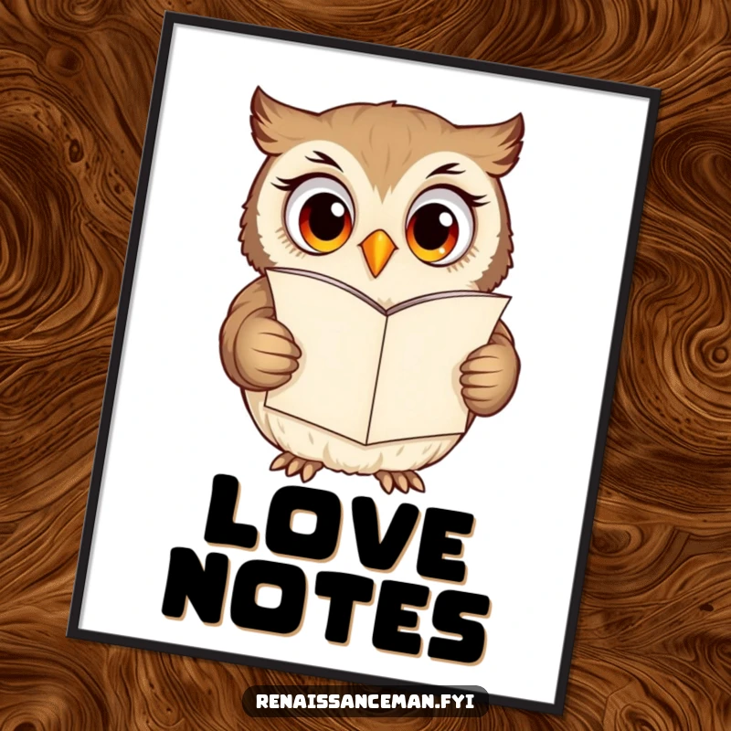 Funny owl poster, curious owl with wide eyes reading a grand love letter, whimsical wall art.