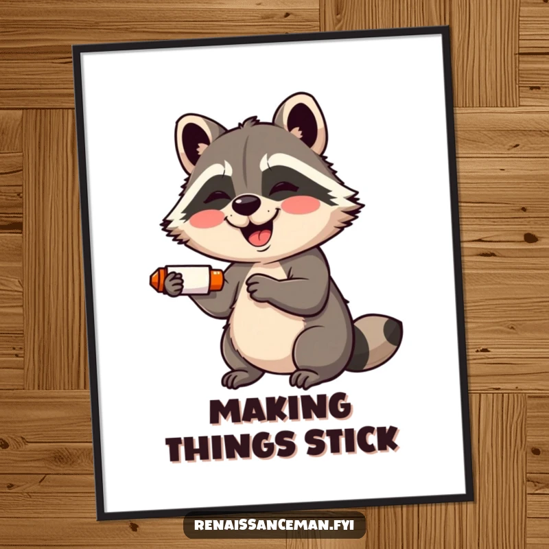 Funny poster: A giggling raccoon with a wide smile adorably uses a glue stick, capturing crafting exuberance.