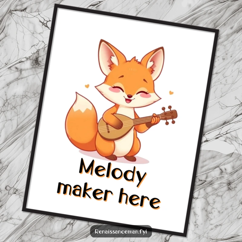Funny poster featuring a cheerful fox playing a tiny lute, bringing musical joy and whimsy to any wall.