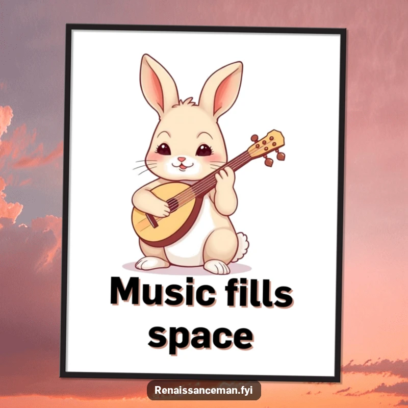 Funny skilled rabbit with a focused expression, playing a lute, presented as charming wall art.