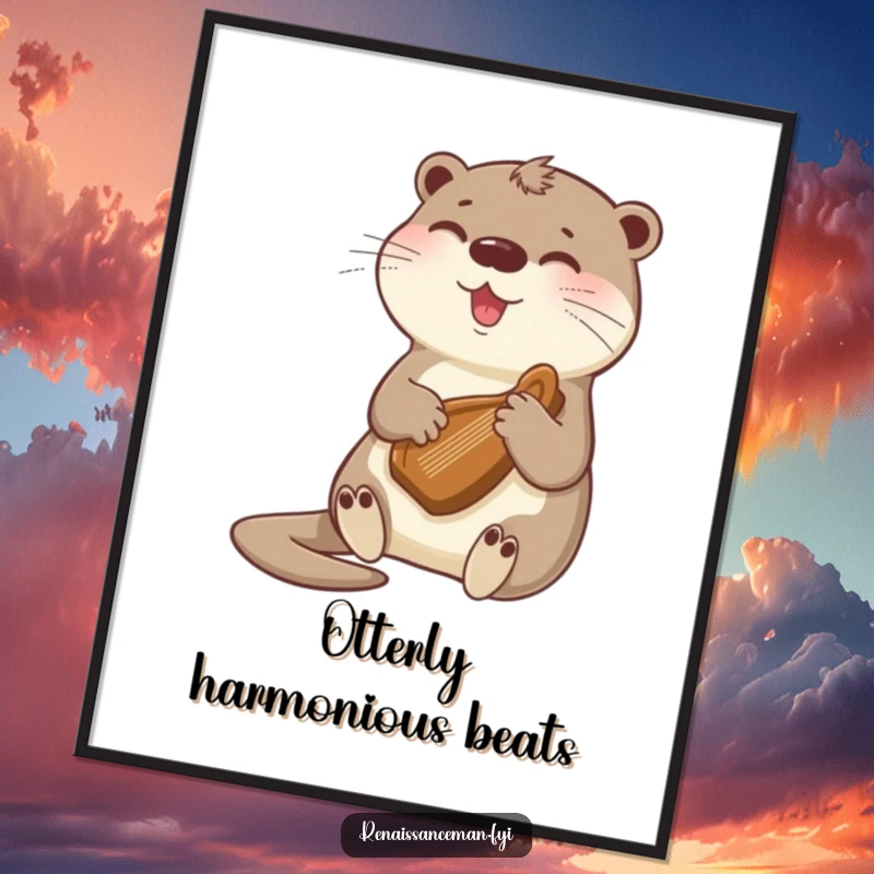 Funny beaming otter playing a gentle tune on a tiny harp, a charming wall art piece that radiates musical joy and cuteness.