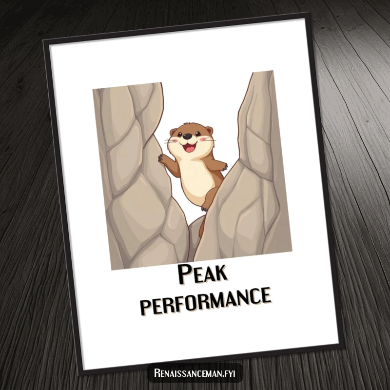 Funny otter poster, a happy otter character is actively climbing a steep cliff face using its sticky paws, conveying a sense of accomplishment.