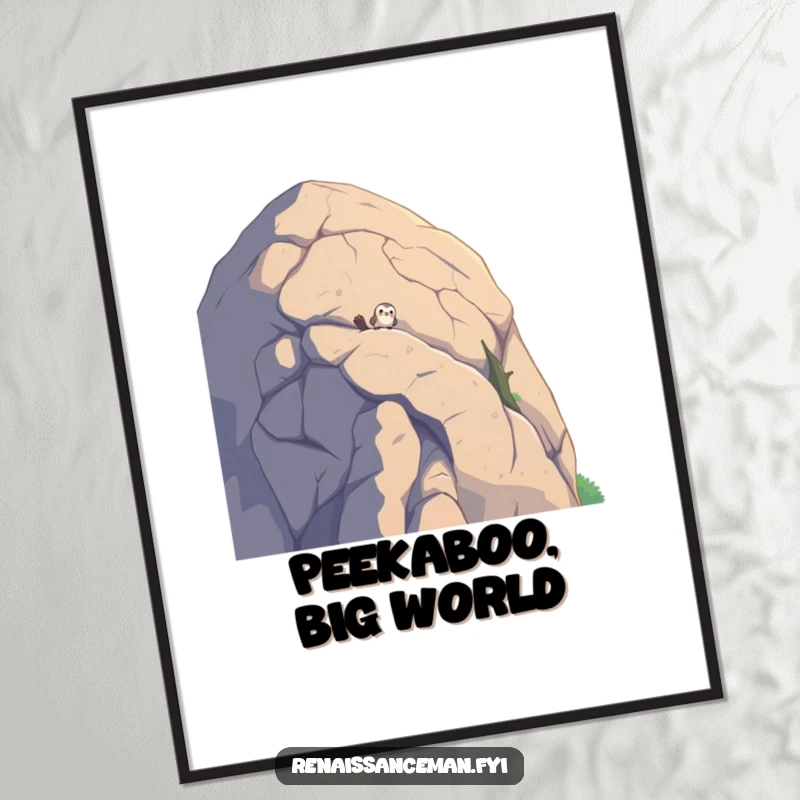 Funny poster of a curious bird peeking over a colossal boulder, a humorous and artistic nature-themed wall decoration.