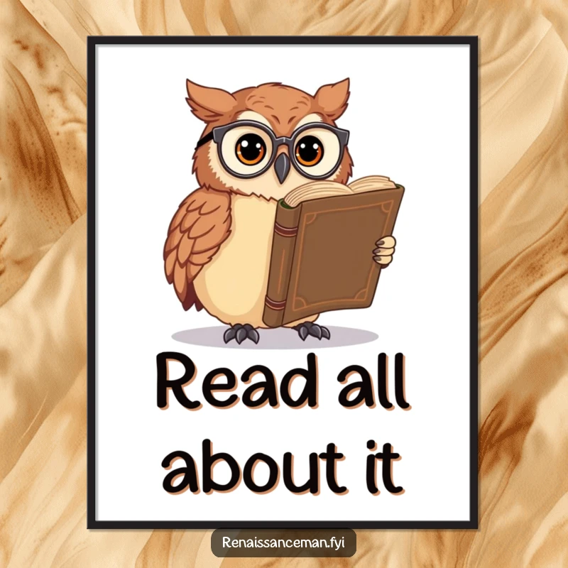 Funny owl poster, spectacles perched on its beak, intensely reading an enormous, old book, scholarly and wise wall art.