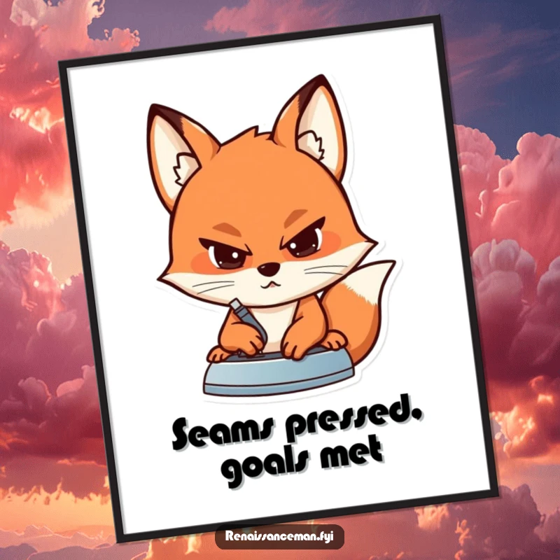 Funny poster featuring a determined fox with a concentrated gaze, expertly iron pressing a seam on a piece of fabric.