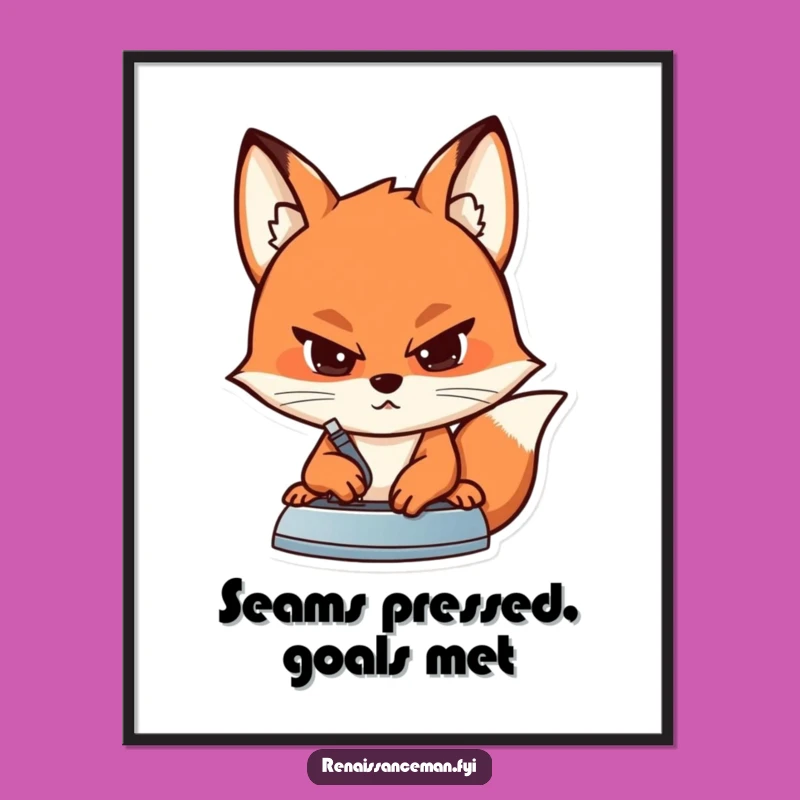 Elevate your space with focused artistry! This funny poster of a determined fox ironing a seam celebrates the dedication required for perfect tailoring.