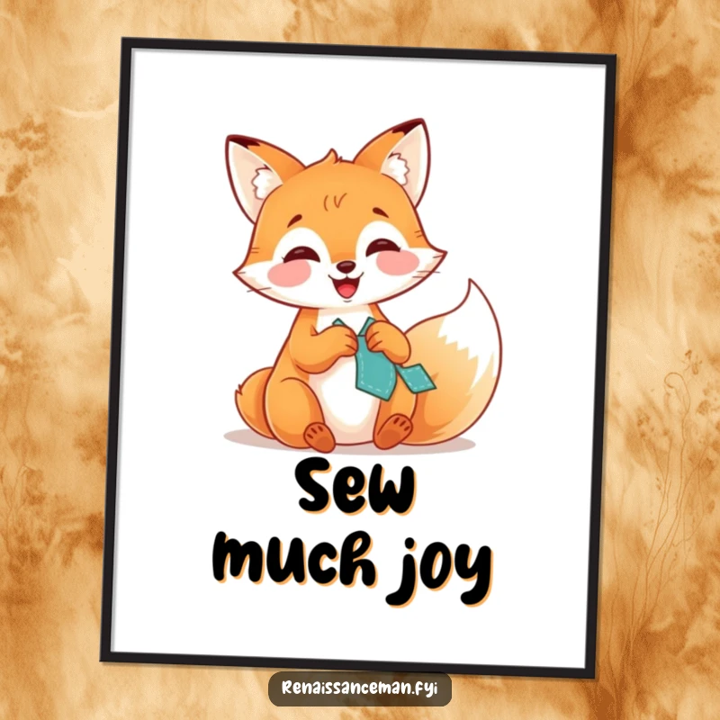 Funny poster print of a gleeful fox giggling as it stitches a patch onto fabric, adding a humorous touch to any wall.