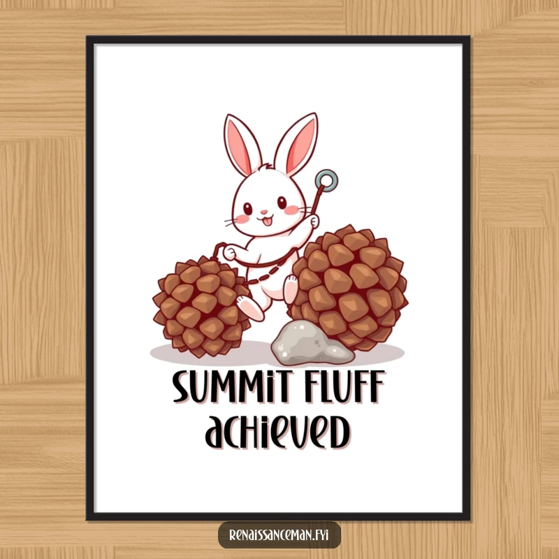 Funny poster of a determined bunny with a grappling hook climbing a pinecone, a humorous piece of wall art.