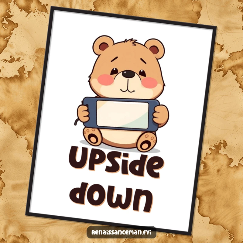 Funny playful bear holding a smartphone upside down, with a confused smile. Humorous funny wall art.