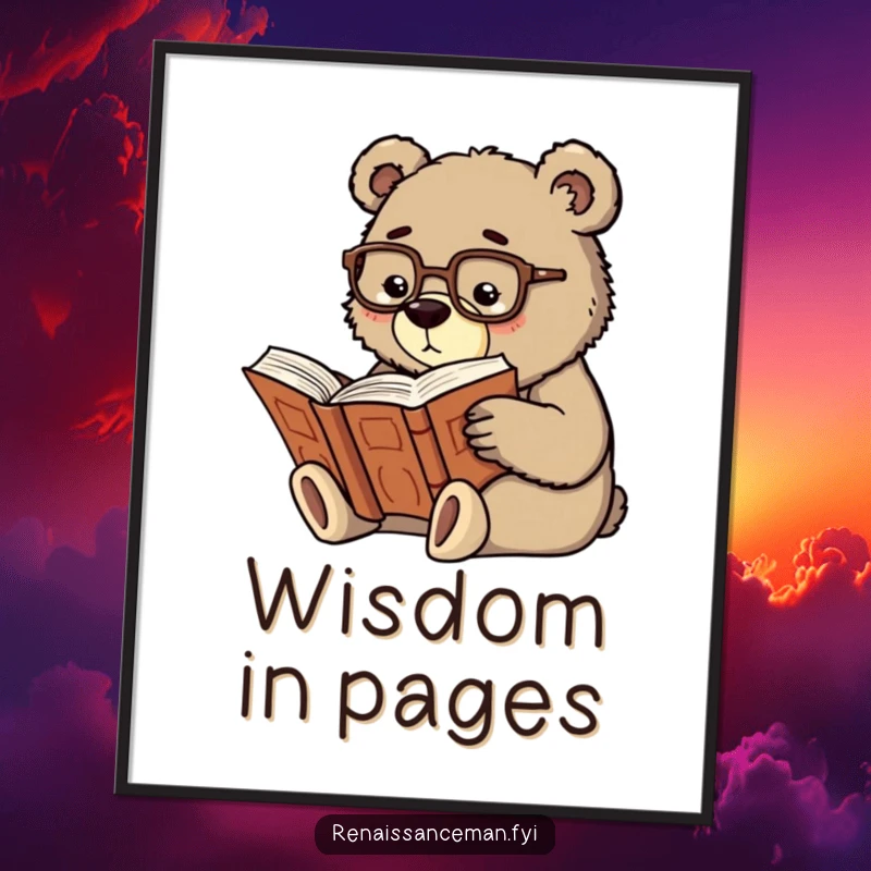 Funny scholarly bear wearing glasses, deeply focused on reading a large, old book, presented as charming wall art.