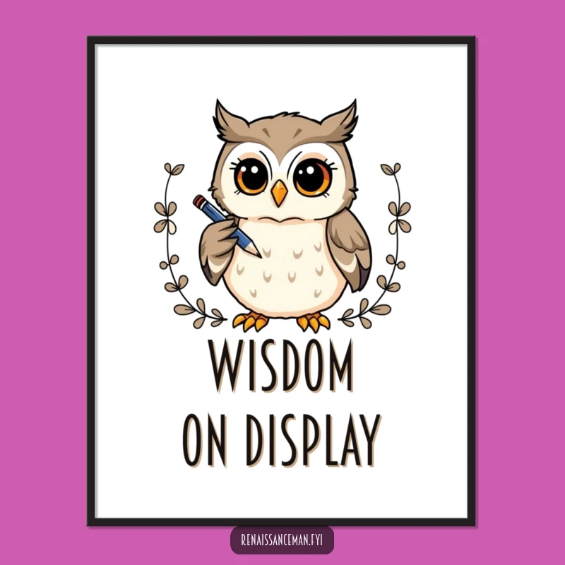 Funny Owl Artist Poster: Curious Owl Draws Border, Sophisticated Wall Art Gift