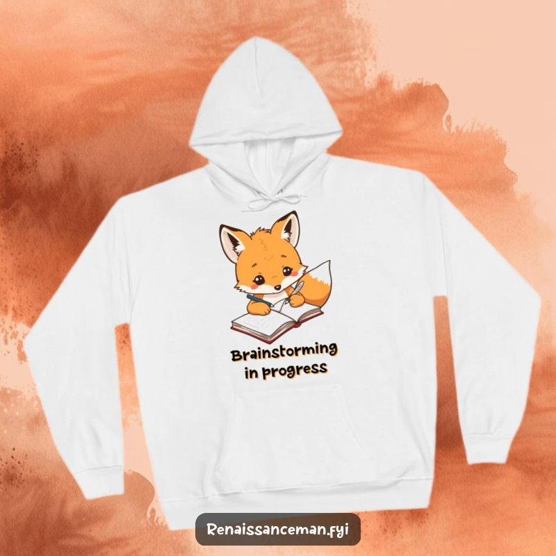 Funny creative fox with a quill pen, writing ideas in a notebook, featured on a comfortable hoodie.