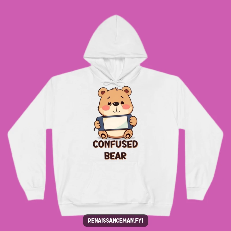 Funny Bear Phone Confusion Hoodie: Playful bear with upside down phone, a perfect funny gift.