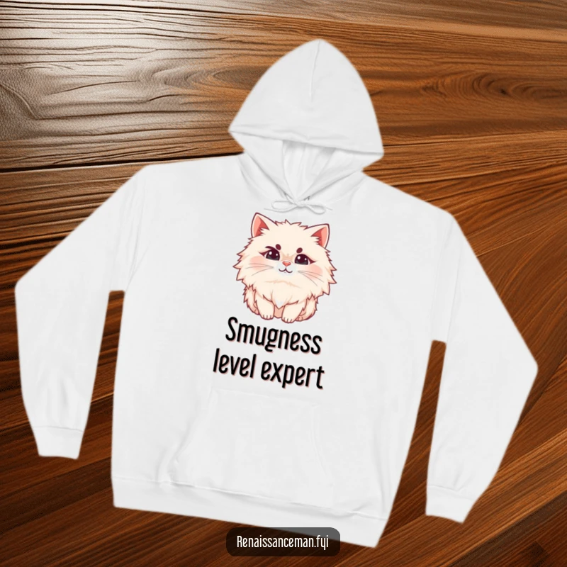 Funny cat hoodie, a fluffy cat with a raised eyebrow and a subtle smirk, perfect for cozy sass and comfort.