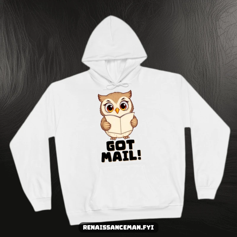 Funny owl hoodie, adorable owl with surprised eyes reading a romantic love letter, cozy gift.