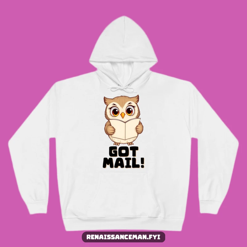 Snuggle up with this funny hoodie depicting a curious owl captivated by a love letter. A comforting and humorous addition to any wardrobe, great for gifting.