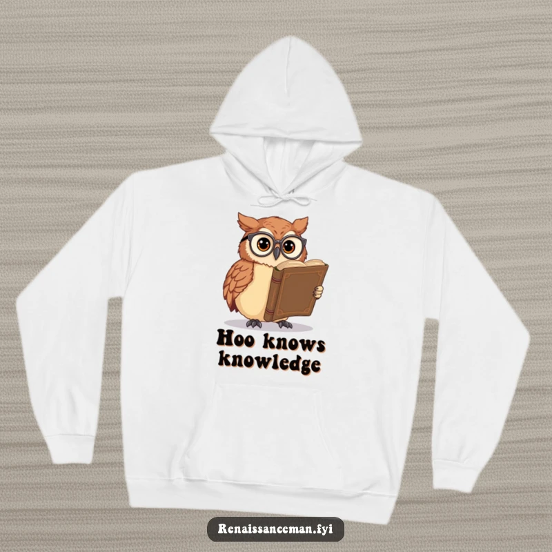 Funny owl hoodie, dressed in spectacles, absorbed in an ancient tome, warm and comfortable for bookish nights, wise avian apparel.