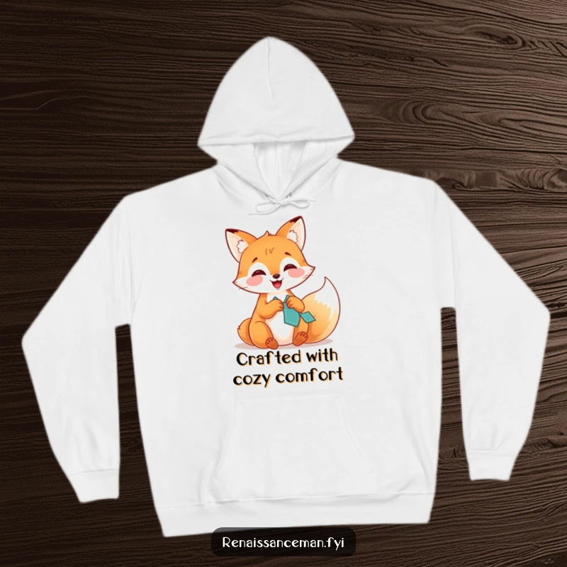 Funny hoodie with a giggling fox meticulously stitching a patch onto fabric, radiating humor and a love for crafts.