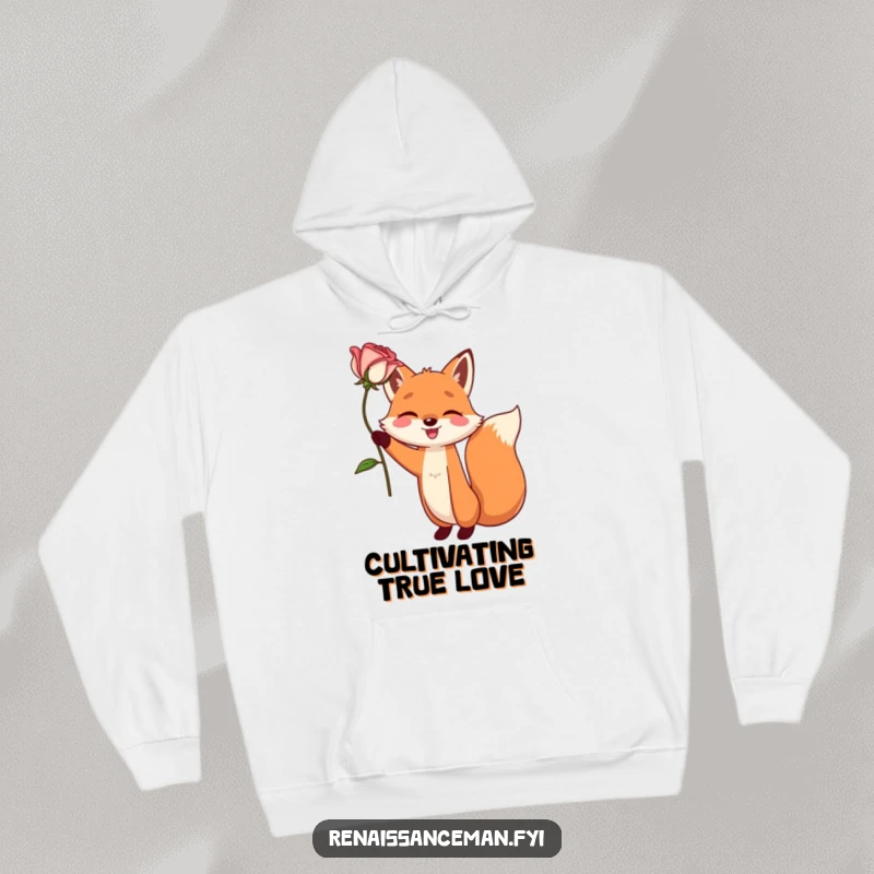 Funny hoodie with a happy fox character dramatically holding a single, perfect rose aloft. Cozy and romantic humor.