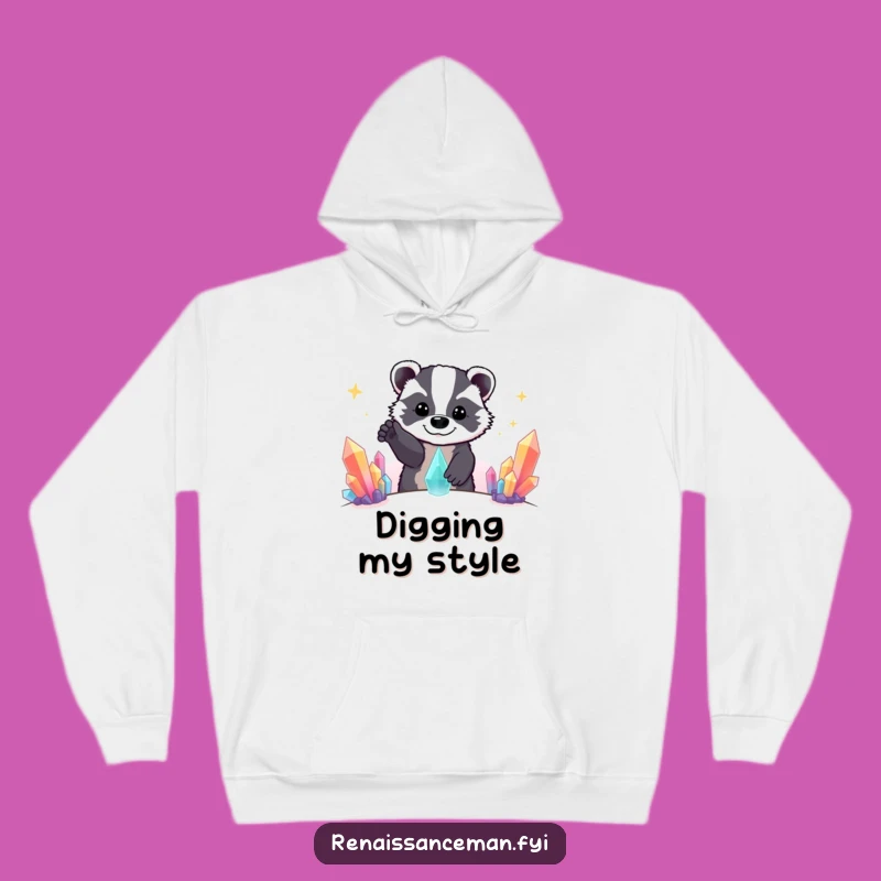 Stay cozy and inspired with this funny hoodie featuring a beaming badger on the hunt for shiny crystals. Perfect for explorers.
