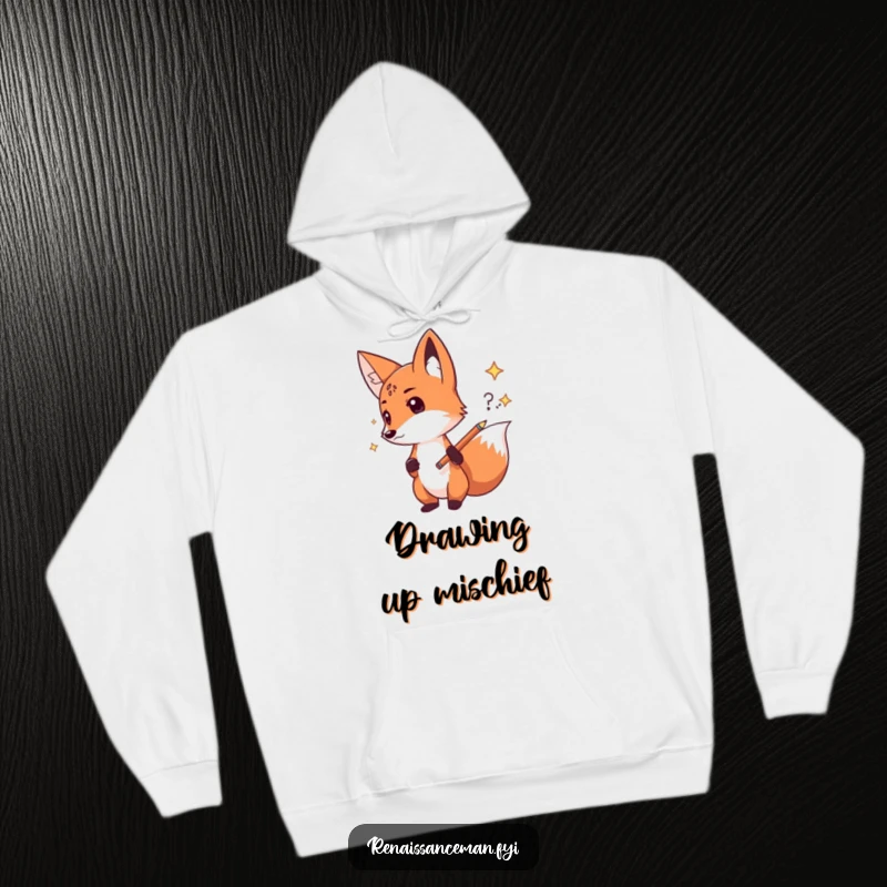 Funny fox sketch hoodie, a warm garment featuring a determined fox confidently sketching a new idea, perfect for creative comfort and as a humorous gift.