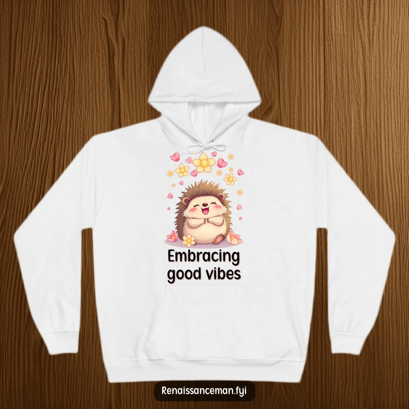 Funny hedgehog embracing under glowing petals, offering cozy warmth and a symbol of joyful connection in a comfortable hoodie.