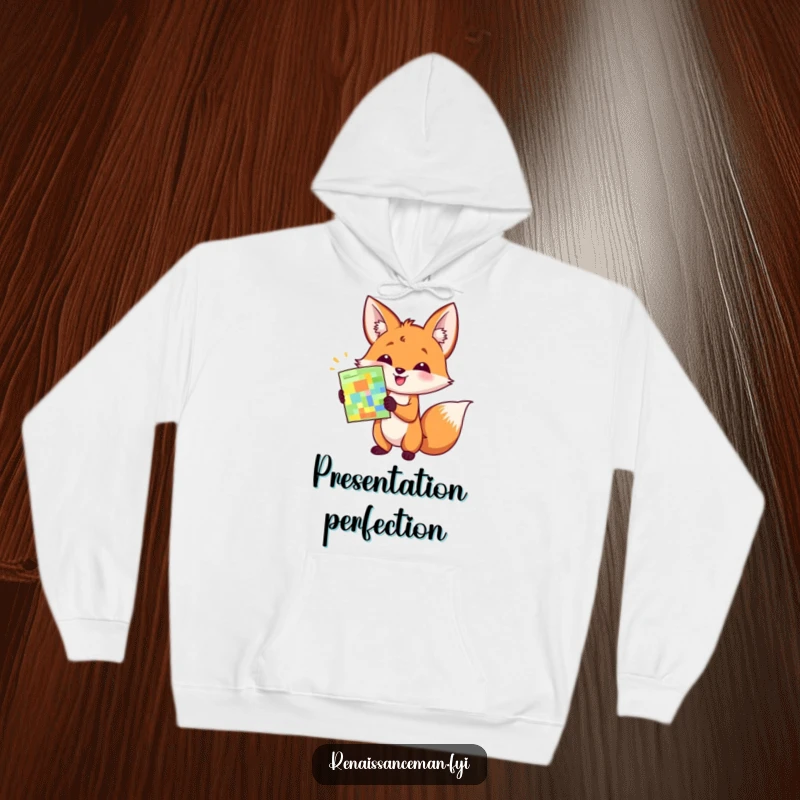 Funny hoodie featuring a happy fox with a flourish, enthusiastically presenting a colorful sample.