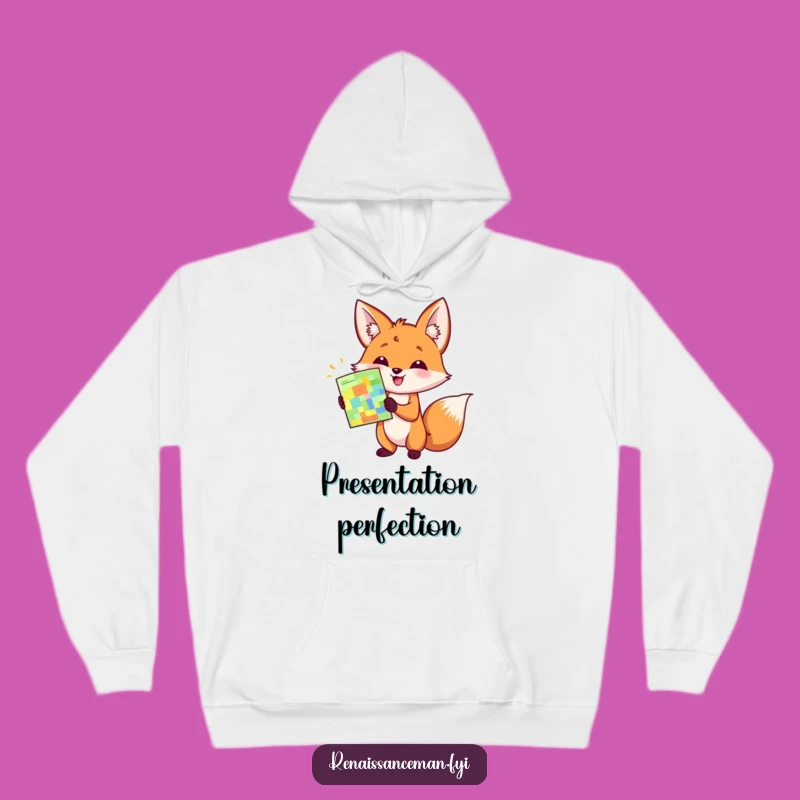 Stay warm and share your enthusiasm with this funny hoodie. A happy fox presenting a sample brings comfort and a smile.