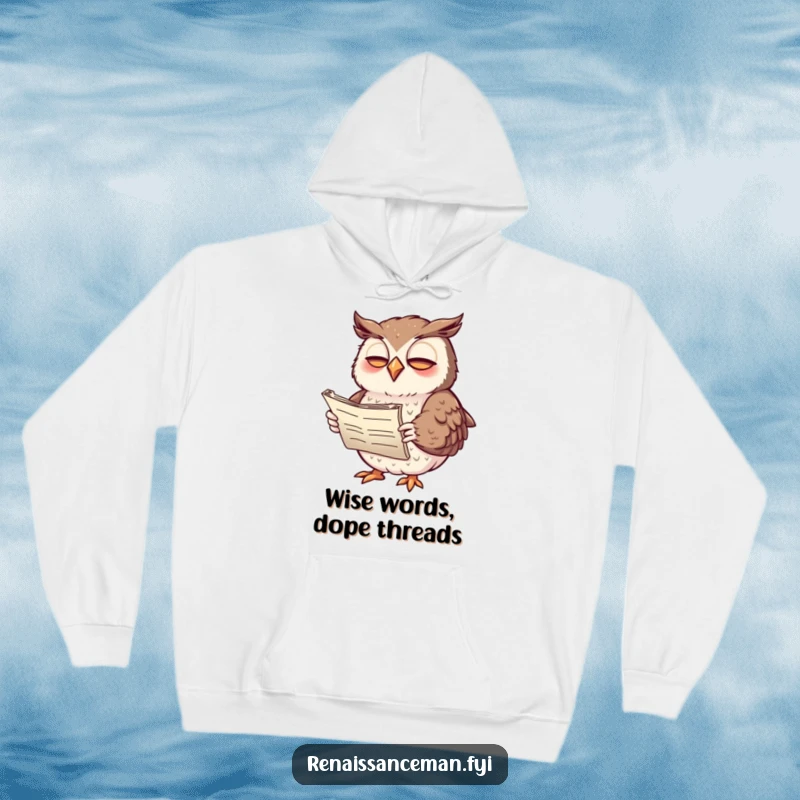 Funny hoodie with a giggling owl reciting poetry from a scroll, its wings in expressive gestures, designed for humor lovers.