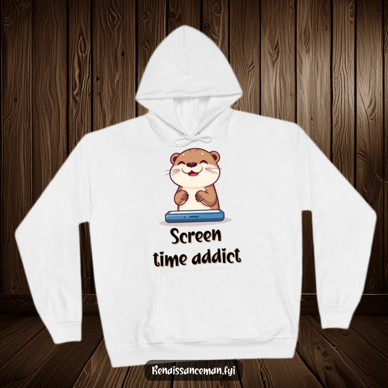Funny otter hoodie featuring a happy otter engrossed in scrolling on a bright digital screen.